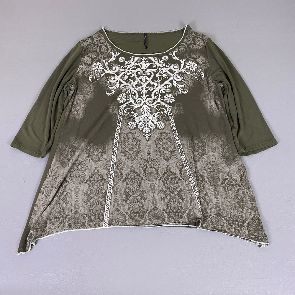 Skinny Minnie‎ Tunic Top Women's 3XL Olive Green Damask Sharkbite 3/4 Sleeve USA